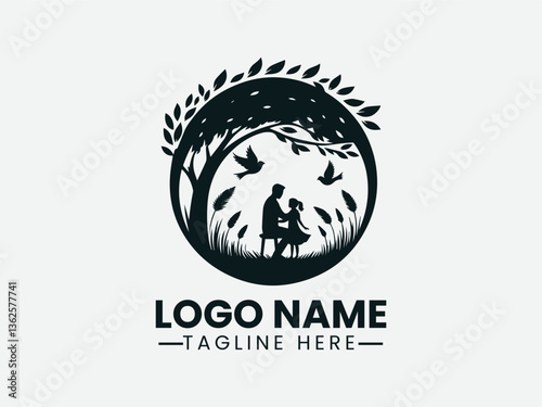 father and daughter under tree with birds in circle. Family bonding