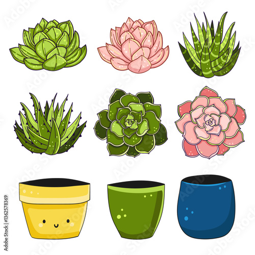Big set of elements with hand drawn colored cactus in cute pot and succulents. collection Vector icons cactus Sketch style isolated objects