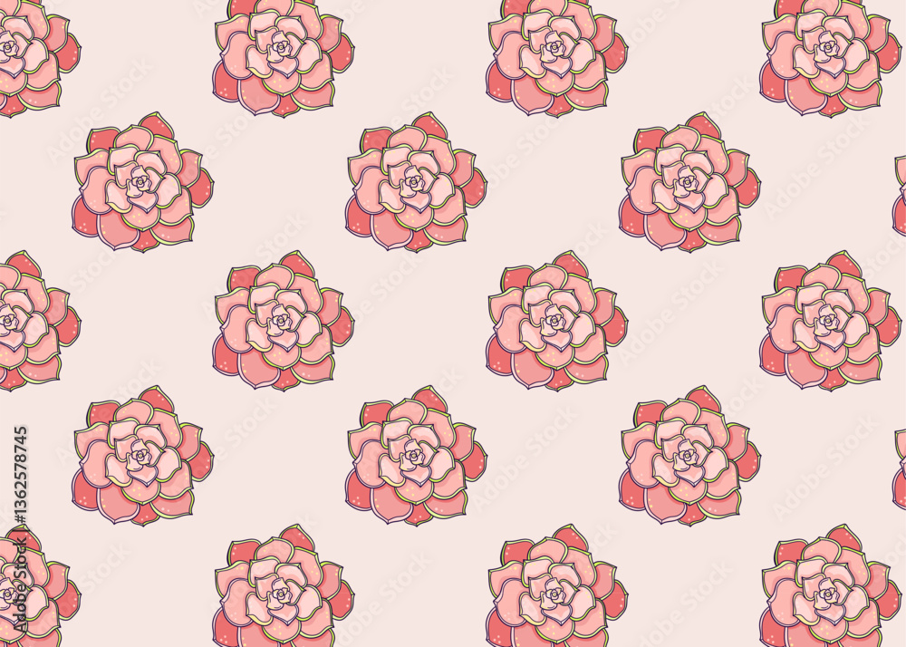 Poster Seamless cute vector echeveria Ornament endless pattern. hand drawn cactus and succulents outline on soft pink background.
