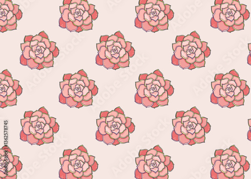 Obraz na płótnie Poster Seamless cute vector echeveria Ornament endless pattern. hand drawn cactus and succulents outline on soft pink background. w salonie