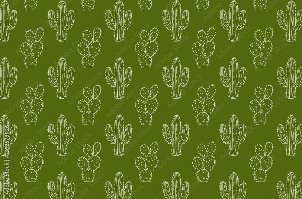 Seamless vector Ornament endless pattern. hand drawn cactus and succulents outline on green background.