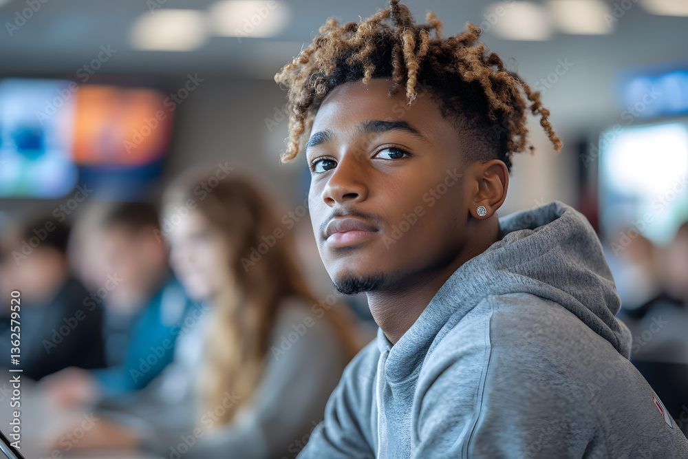 Focused Young Man in Thought: A close-up captures a young man with stylish dreadlocks gazing directly at the camera, conveying a sense of focus and determination.