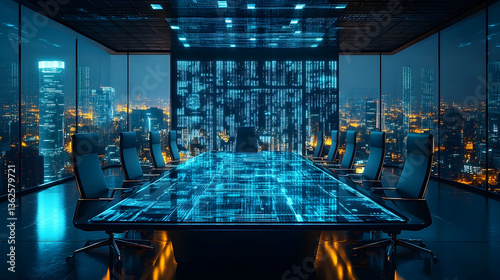 High-tech conference room at night with city view, digital interface