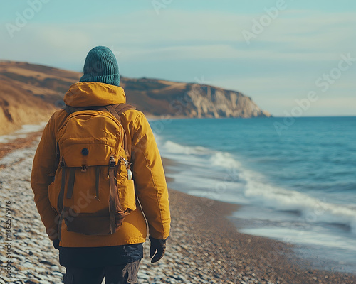 Hiker on beach, seen from behind