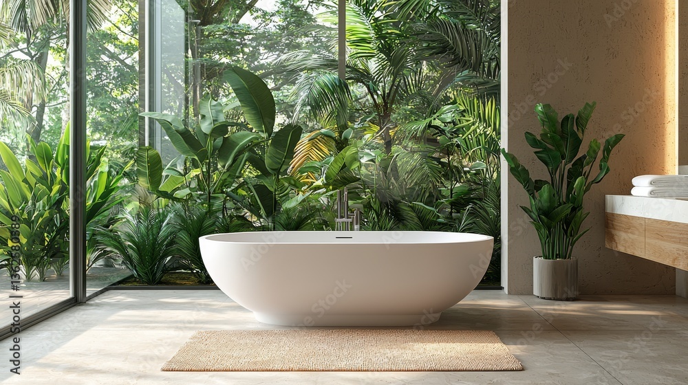 Luxurious bathroom showcasing a garden view creating a relaxing ambiance Luxurious bathroom showcasing a garden view creating a relaxing ambiance