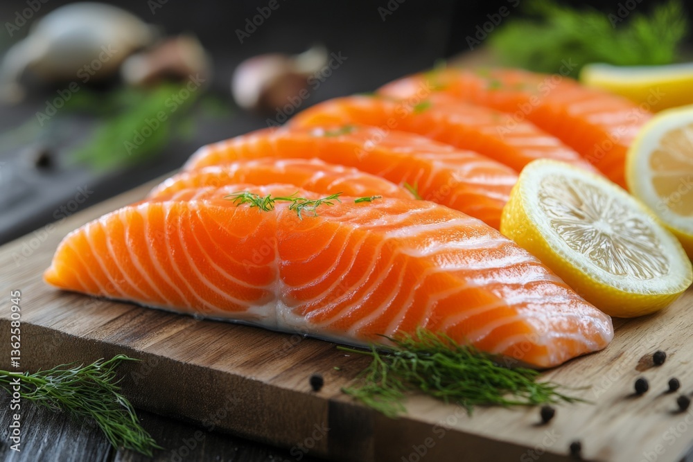 Fresh salmon fillets garnished with lemon slices and herbs on a wooden board in a dimly lit kitchen Fresh salmon fillets garnished with lemon slices and herbs on a wooden board in a dimly lit kitchen