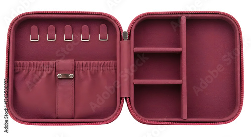 Stylish burgundy travel case with compartments for rings, earrings, and jewelry organization, ideal for home or travel storage solutions