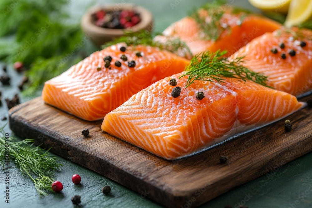 Fresh salmon fillets garnished with herbs and spices on a wooden board with lemon slices and peppercorns Fresh salmon fillets garnished with herbs and spices on a wooden board with lemon slices and peppercorns