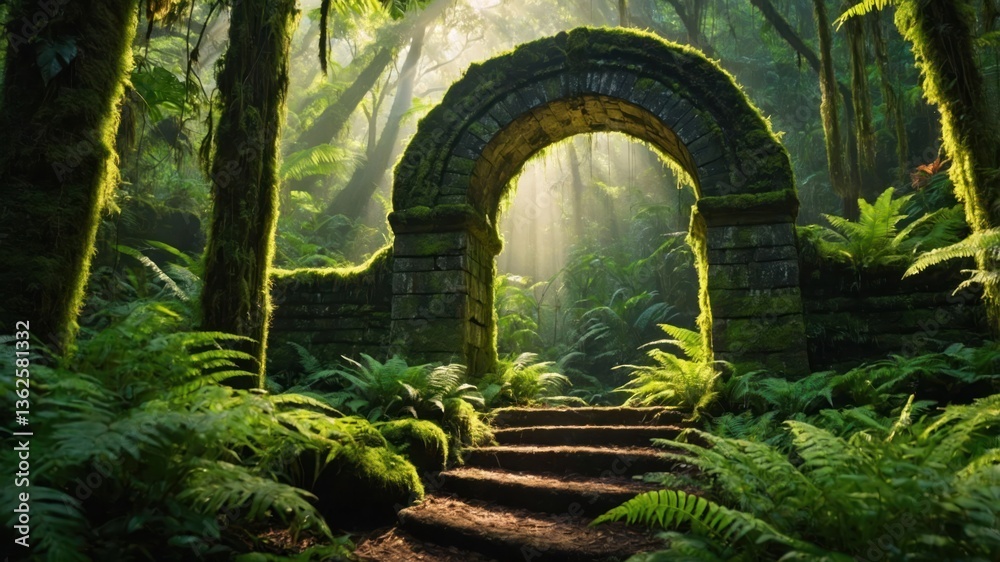 Obraz premium A mystical stone archway in a lush, green forest with sunlight filtering through the trees.