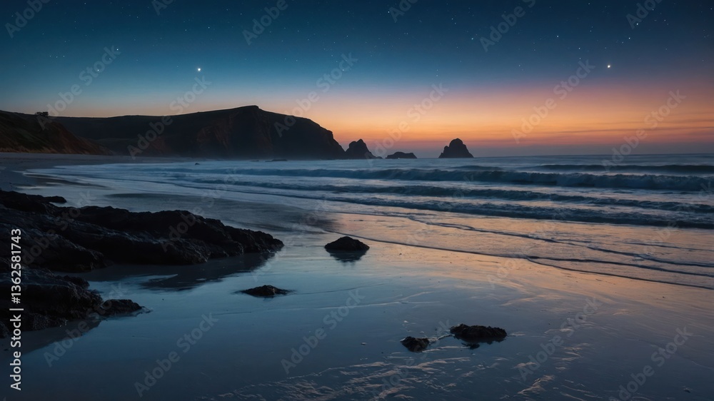 Fototapeta premium A serene beach landscape at twilight with gentle waves and rocky formations.