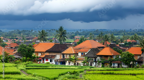 Wallpaper Mural Lush Green Rice Fields and Traditional Village Houses Under Cloudy Sky in Rural Setting with Tropical Environment at Daytime Torontodigital.ca