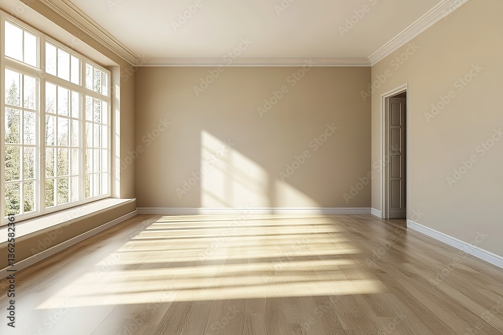 Fototapeta premium Bright Interior Space, Large Window, Hardwood Floor, Doorway, Natural Light, Walls