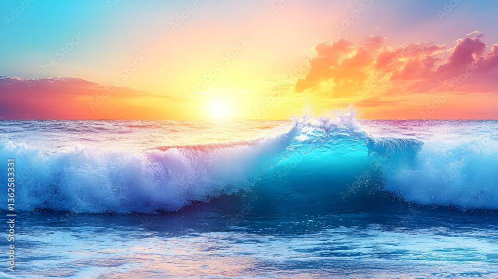 Ocean Wave Splashing at Sunset with Colorful Sky and Sunlight Reflection at the Horizon on a Tropical Beach Landscape Ocean Wave Splashing at Sunset with Colorful Sky and Sunlight Reflection at the Horizon on a Tropical Beach Landscape