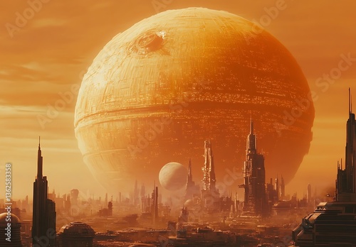 A cityscape of an alien planet, with tall buildings and other structures, and the sky is dark