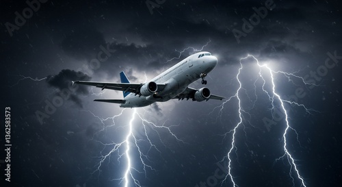 Airplane flying through a dramatic thunderstorm with lightning strikes