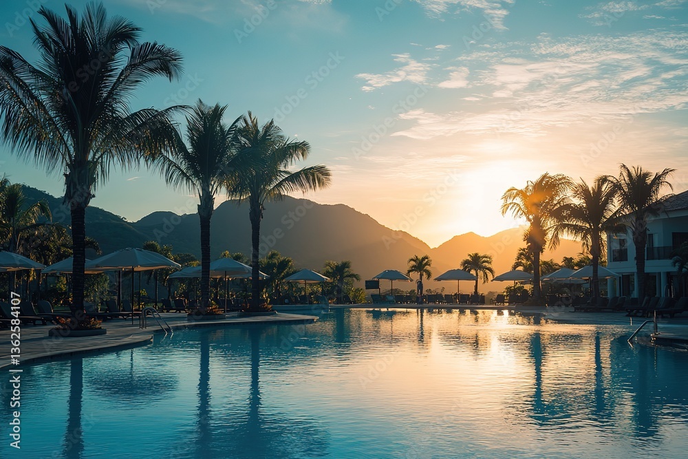 Obraz premium Tropical Paradise Palm Trees Reflecting in Pool at Sunset with Mountain Backdrop