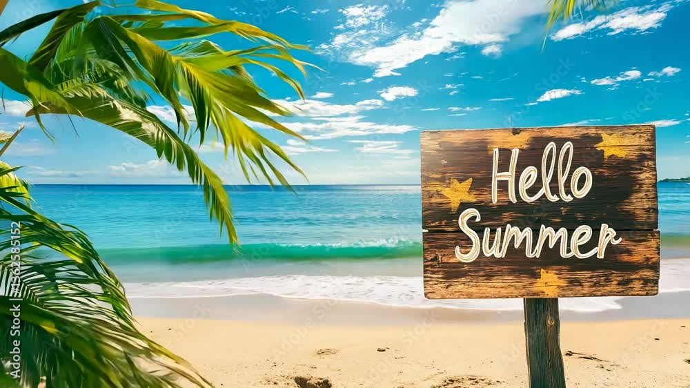 Wooden sign with hello summer text on tropical beach with palm leaves, blue sky and ocean in bright sunlight