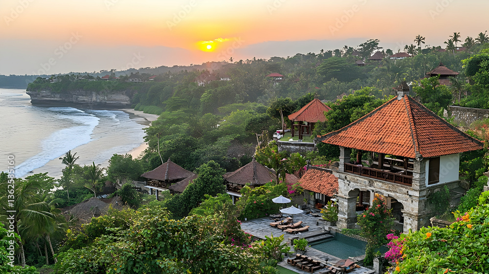 Scenic Coastline with Lush Vegetation and Sunset at Tropical Resort Aerial View Featuring Stone Villas and Tile Roofs in Warm Sunlight Scenic Coastline with Lush Vegetation and Sunset at Tropical Resort Aerial View Featuring Stone Villas and Tile Roofs in Warm Sunlight