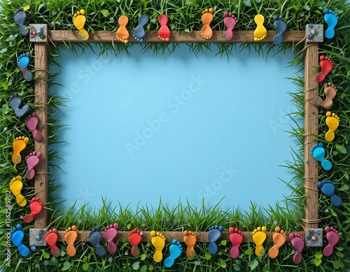 Colorful Footprints Decorating a Wooden Frame with Green Grass Background