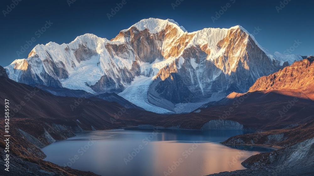 Obraz premium Majestic Himalayan sunrise, lake reflection, mountains, adventure travel poster