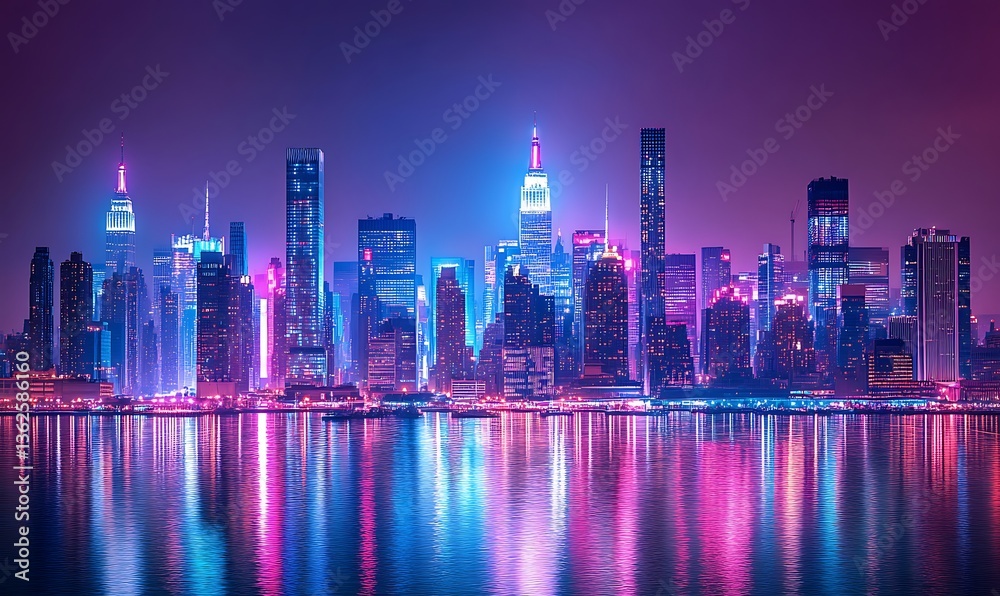 Fototapeta premium A dark cityscape at night, with neon lights reflecting on the water's surface