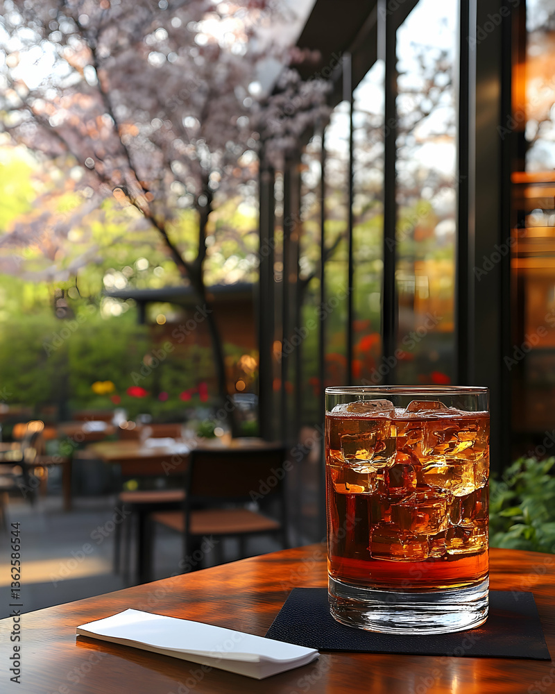 Iced drink on table with outdoor garden view, pink blossoms, and restaurant patio background Iced drink on table with outdoor garden view, pink blossoms, and restaurant patio background