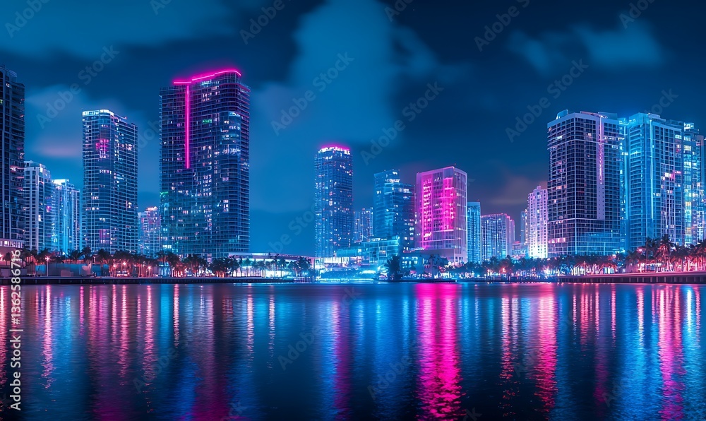 Fototapeta premium A dark cityscape at night, with neon lights reflecting on the water's surface