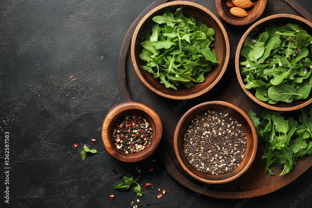 Fresh greens and spices arranged in wooden bowls on a dark surface showcasing healthy cooking ingredients