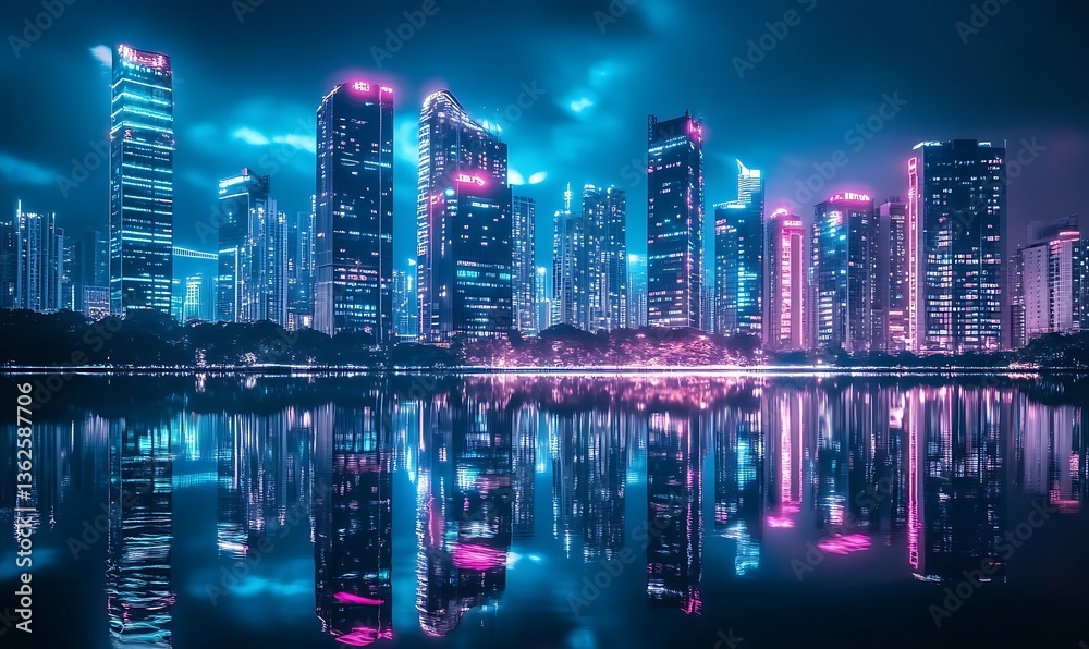 A dark cityscape at night, with neon lights reflecting on the water's surface A dark cityscape at night, with neon lights reflecting on the water's surface