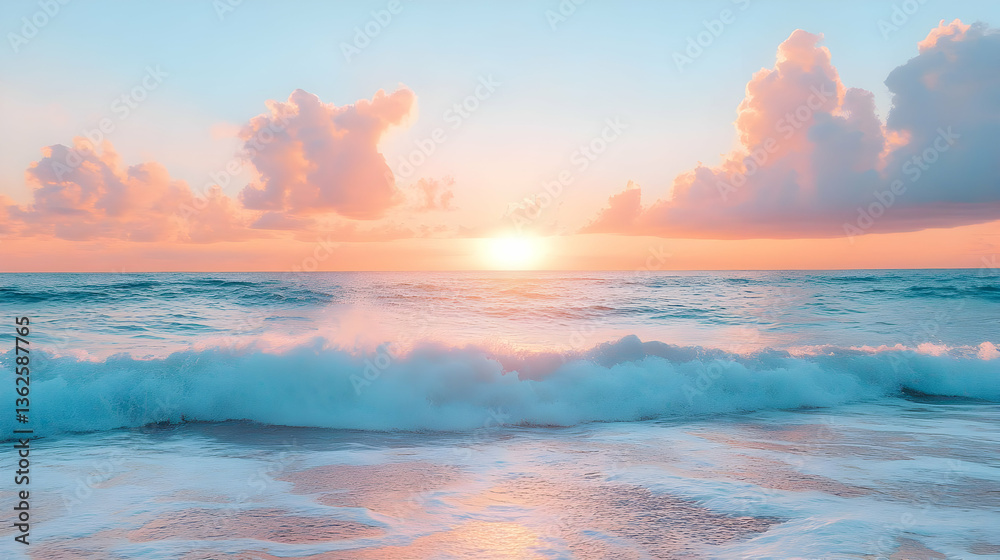 Naklejka premium Vibrant Ocean Waves Under a Pastel Sunset Sky Casting Soft Light on the Water Creating a Tranquil Seascape