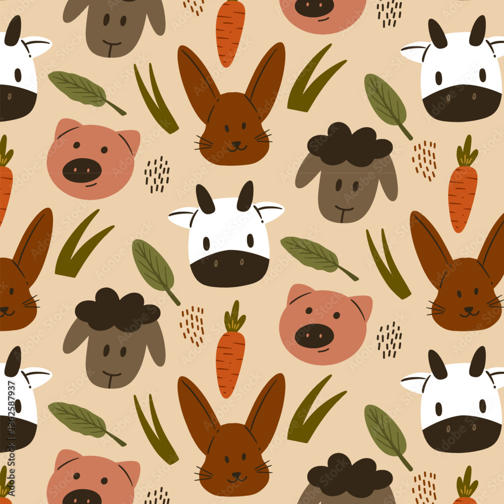 Fototapeta premium Cute Animal Farm Heads Pattern