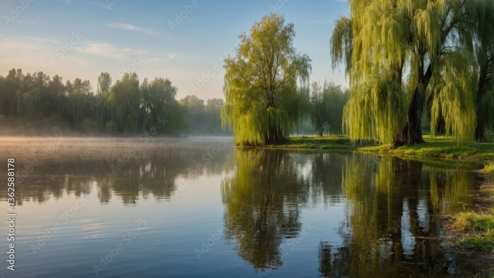 A serene riverside scene with willow trees reflecting in calm water during sunrise. A serene riverside scene with willow trees reflecting in calm water during sunrise.
