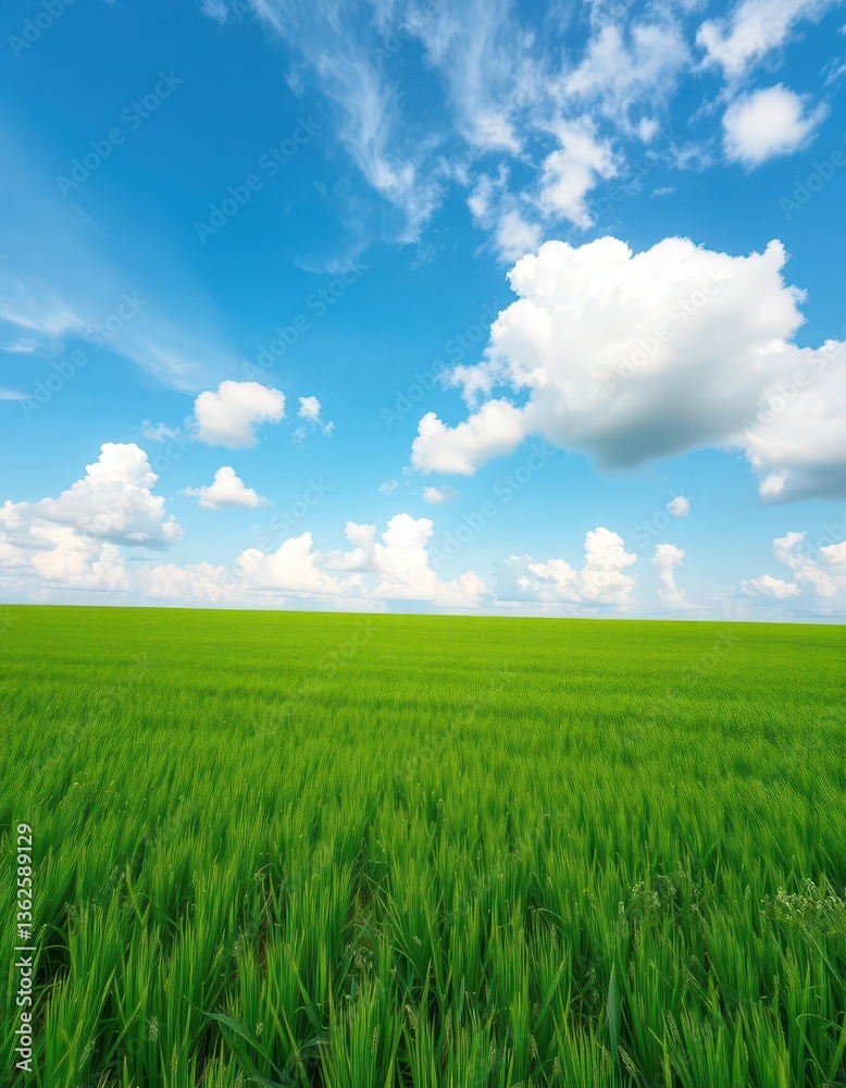 Endless verdant meadow under a serene sky, fluffy clouds drift lazily, summer, white Endless verdant meadow under a serene sky, fluffy clouds drift lazily, summer, white