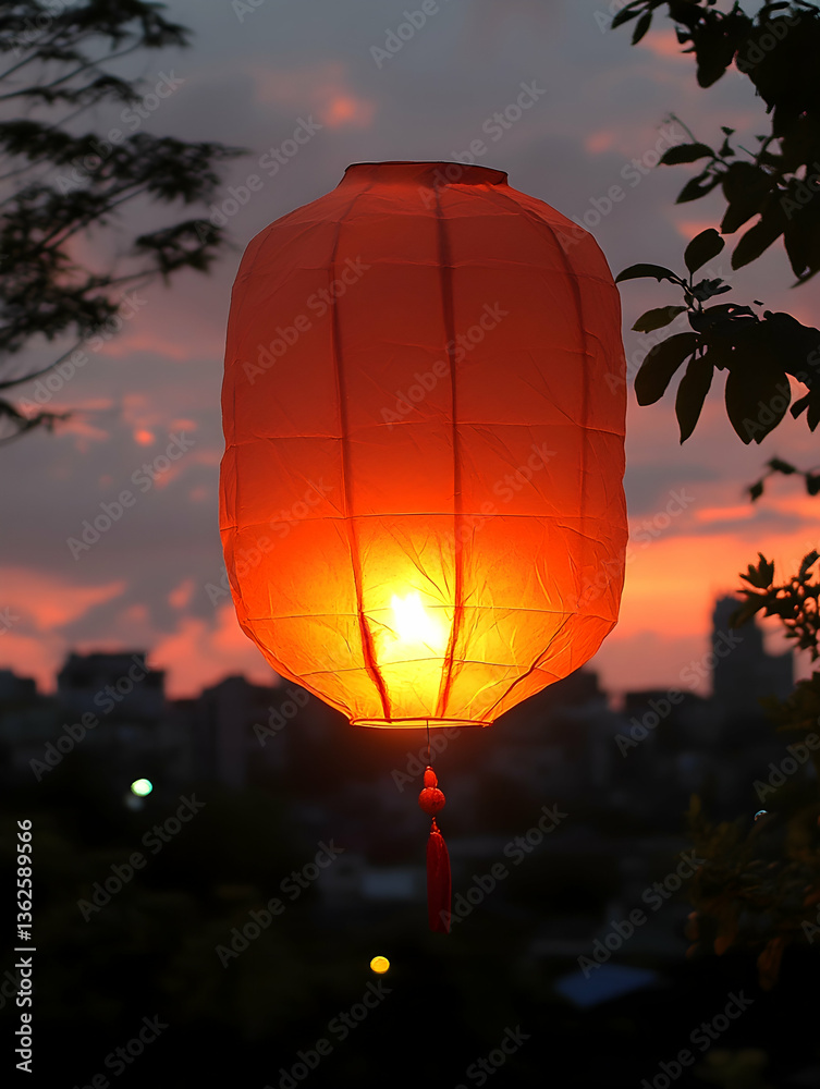 Obraz premium Illuminated lantern against a colorful sunset