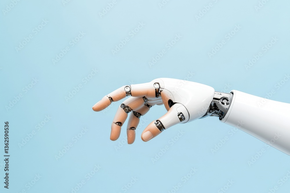 White robotic hand reaching toward human finger on minimal blue background representing artificial intelligence futuristic interface digital connection and technological interaction design