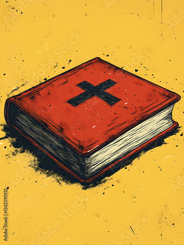Illustration of a closed book with a dark cross against a yellow background