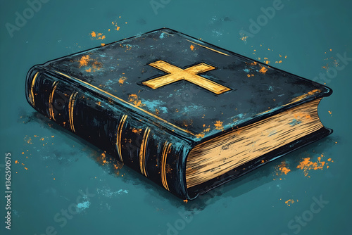Illustration of a worn dark blue book with a gold cross, and gilded edges on teal background