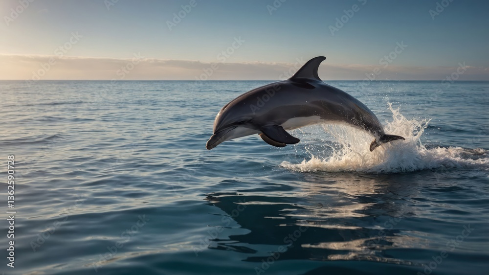Fototapeta premium A dolphin leaps gracefully above the ocean surface at sunset.