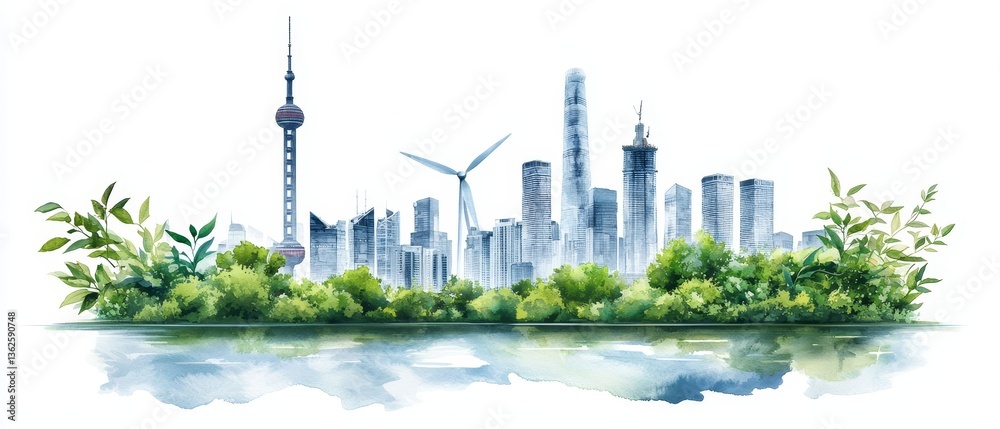Obraz premium Futuristic cityscape watercolor illustration urban environment gigapixel detail modern architecture serene nature artistic view