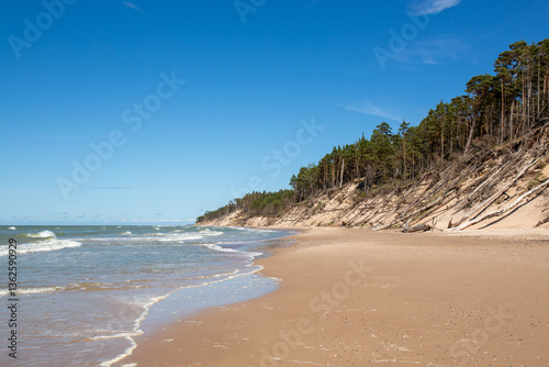 Fototapeta Naklejka Na Ścianę i Meble -  Staldzene steep coast beach at the Baltic sea in June in summer in Ventspils in Latvia