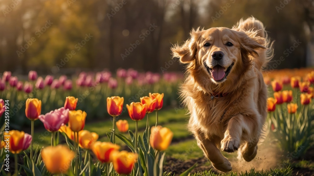 A joyful dog running through a colorful tulip field during sunset. A joyful dog running through a colorful tulip field during sunset.