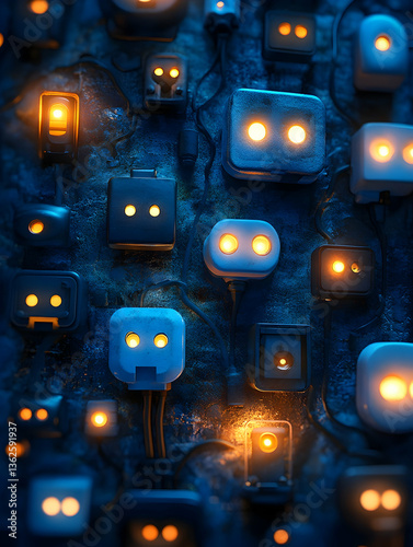 Interconnected wall plugs glow warmly with eerie lights