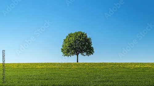 A large green tree in the midst of an open field, with vibrant grass and yellow flowers around it under clear blue skies. Sunlight - lit landscape offering a serene atmosphere for nature lovers.