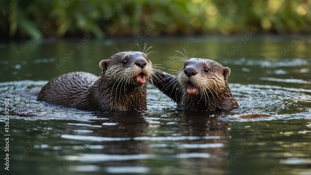 Two playful otters swimming together in a serene water setting. Two playful otters swimming together in a serene water setting.