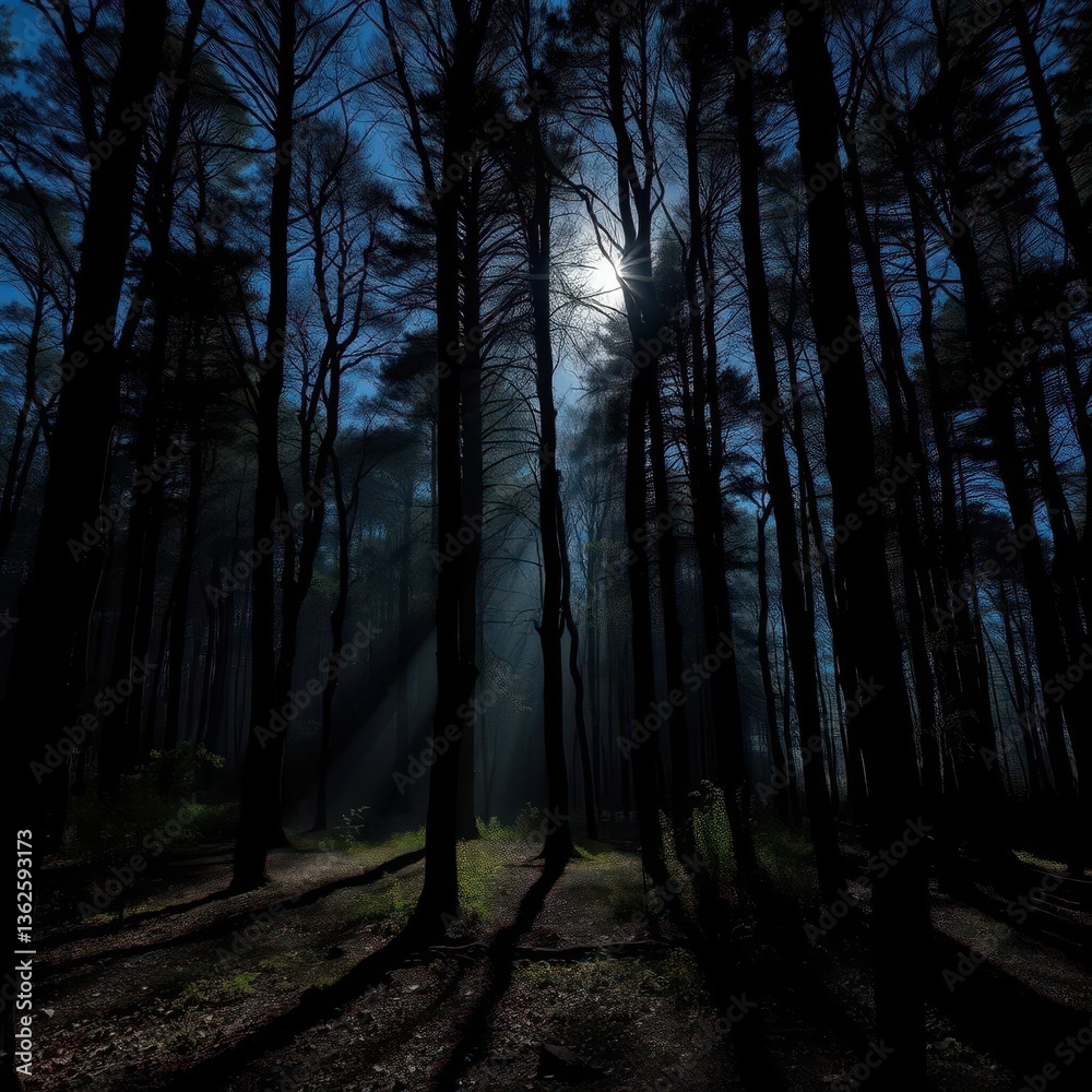 Obraz premium Shadowy trees, silver moonlight bathes forest floor, horror, ambiance, night