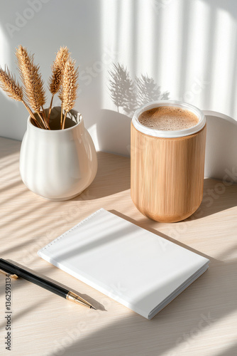 Cozy workspace with coffee, notebook, and decorative vases in sunlight