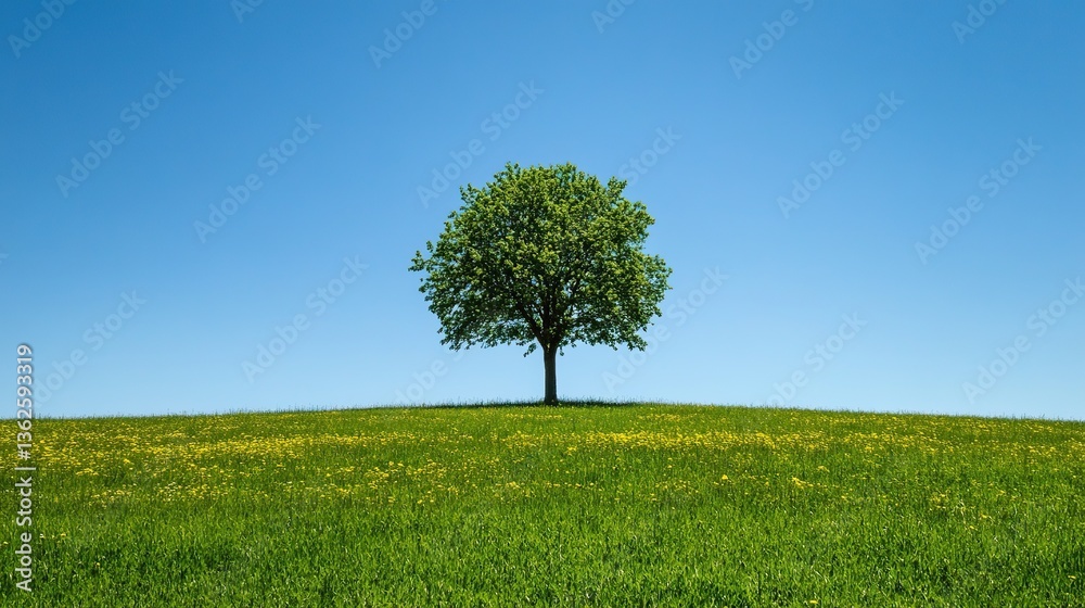 Fototapeta premium A large green tree in the midst of an open field, with vibrant grass and yellow flowers around it under clear blue skies. Sunlight - lit landscape offering a serene atmosphere for nature lovers.