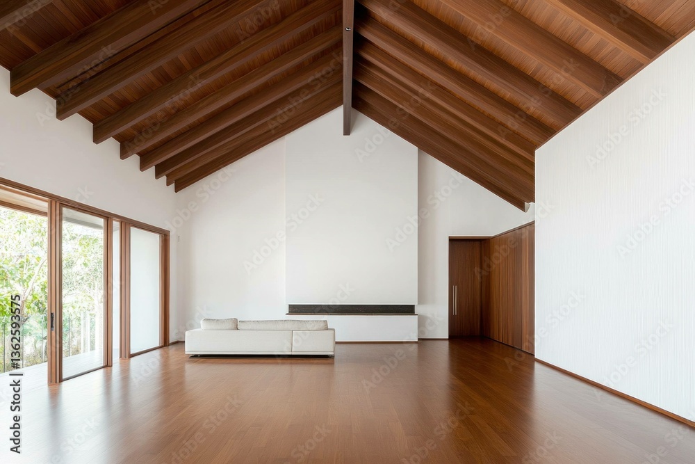 Obraz premium Minimalist modern interior with high wooden ceilings, empty space ideal for relaxation, featuring a white sofa and natural light flowing in through large windows