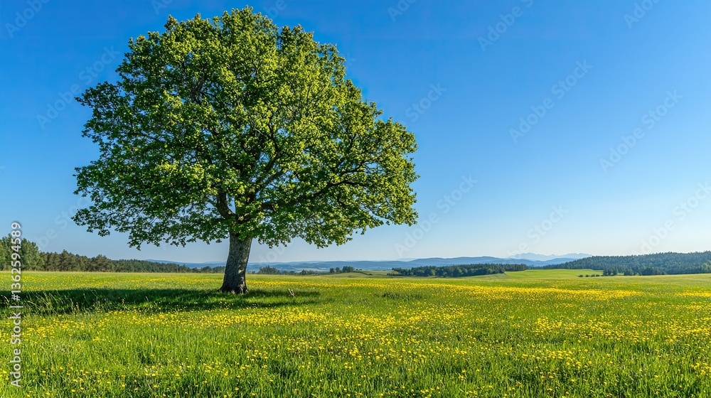 Obraz premium A large green tree in the midst of an open field, with vibrant grass and yellow flowers around it under clear blue skies. Sunlight - lit landscape offering a serene atmosphere for nature lovers.
