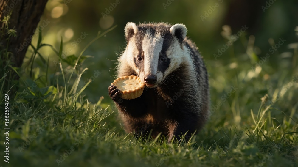Fototapeta premium A badger holding a pie in a grassy setting, showcasing wildlife interaction with food.